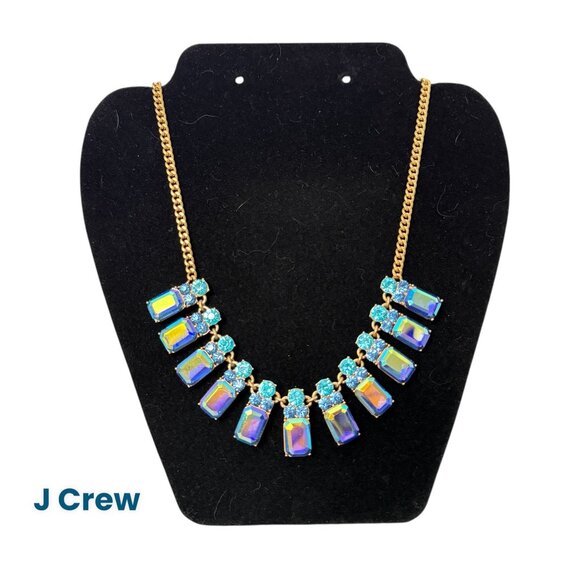J Crew Statement Necklace Iridescent Blue Turquoise Crystal Stones Gold Adjustab - Picture 1 of 16